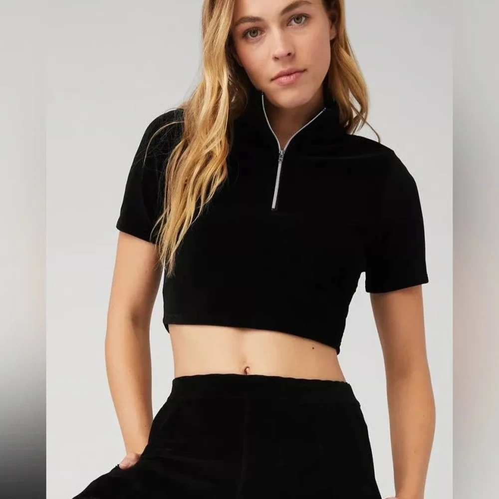 ALO YOGA Corduroy Quarter Zip Cropped Top Black Short Sleeve Size‎ L